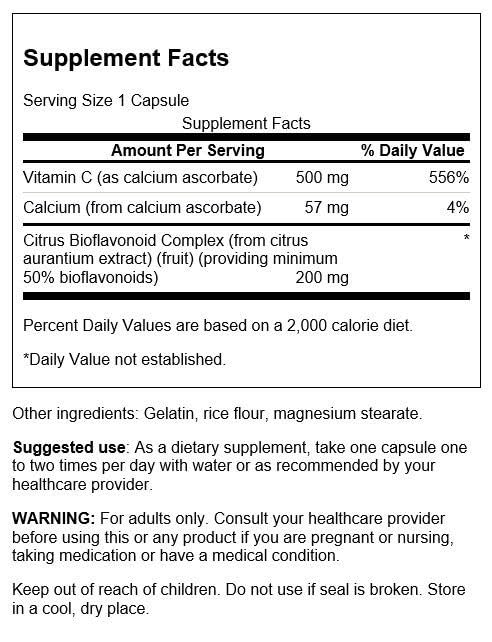 Swanson Buffered Vitamin C capsules with bioflavonoids; gentle daily use for stomach comfort.