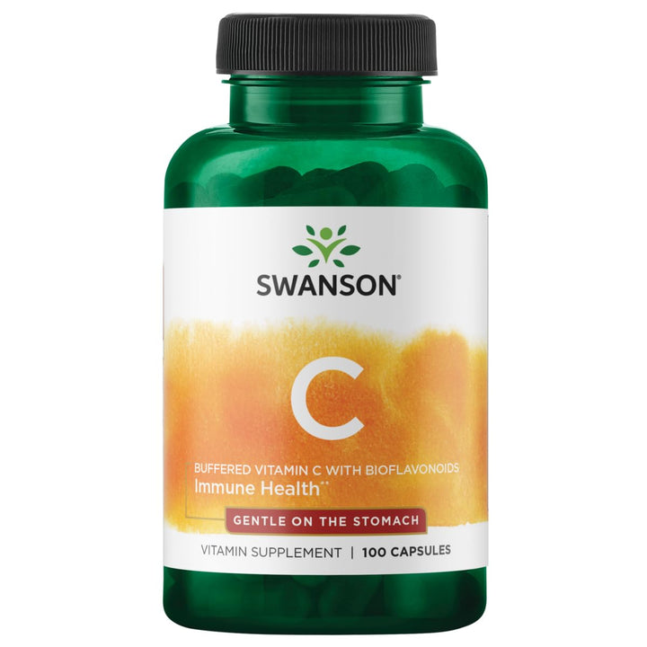 Swanson Buffered Vitamin C bottle with capsules; supports immune function and antioxidant reserve.
