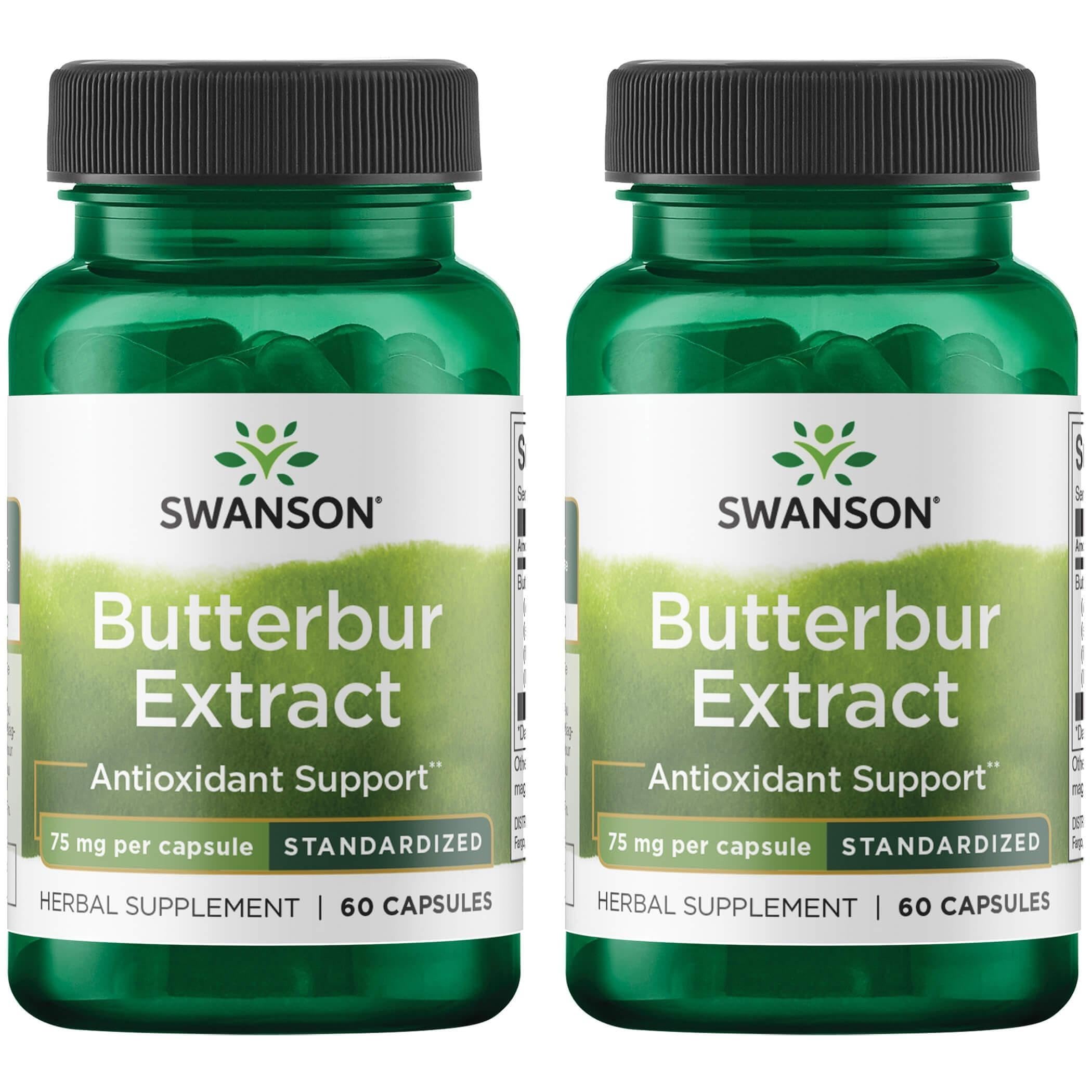 Swanson Butterbur Extract bottle with 75 mg per serving, potential support for seasonal comfort.
