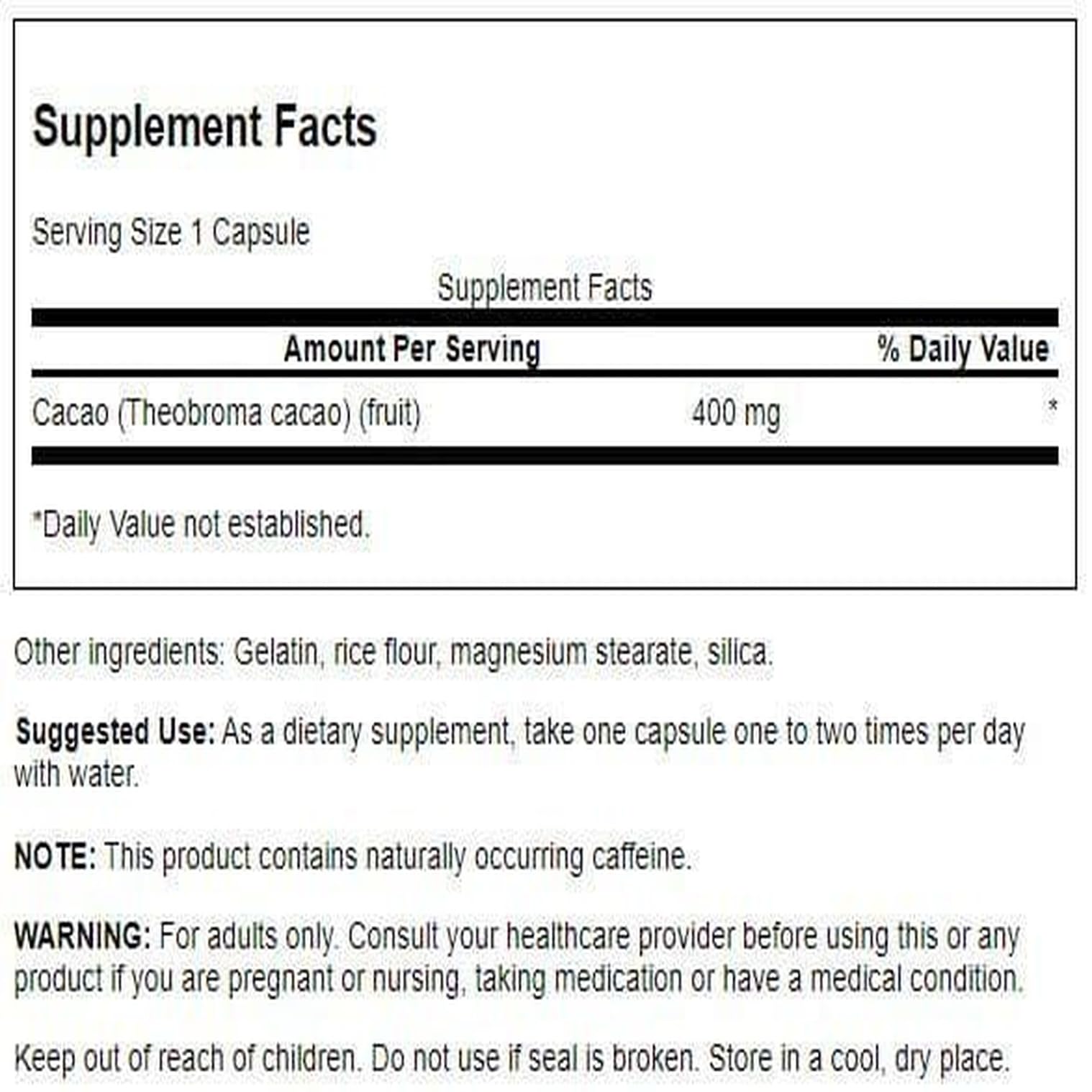 Swanson Cacao cápsulas para energía suave y uso diario.