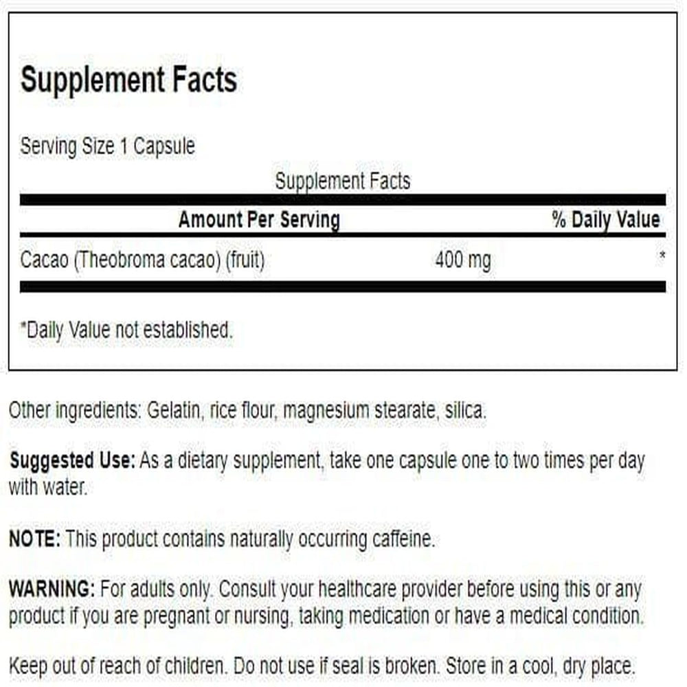 Swanson Cacao cápsulas para energía suave y uso diario.