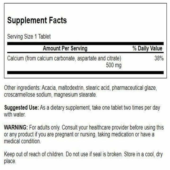 Swanson Calcium 500mg label closeup shows key formulation details and plant-based notes