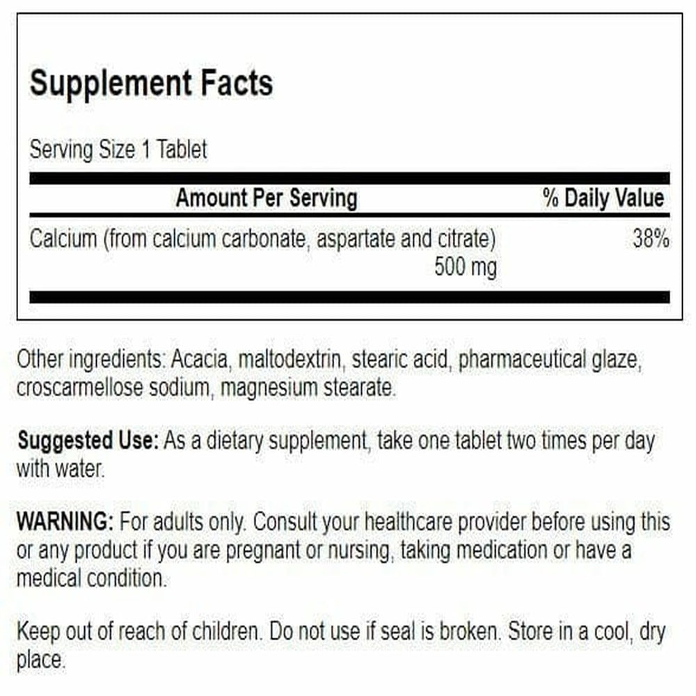 Swanson Calcium 500mg label closeup shows key formulation details and plant-based notes