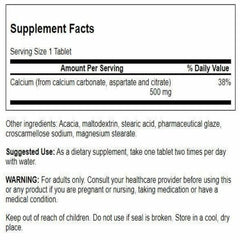 Swanson Calcium 500mg label closeup shows key formulation details and plant-based notes