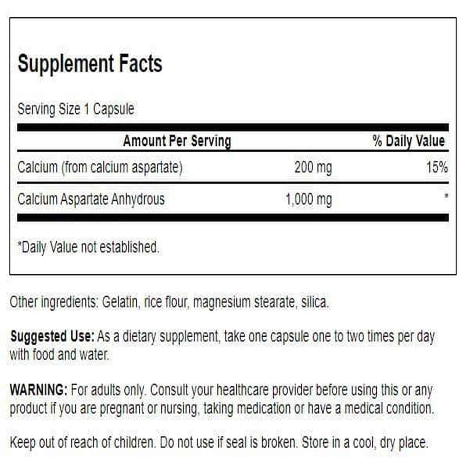 Swanson Calcium Aspartate capsules pour displays easy-to-swallow capsules for daily use