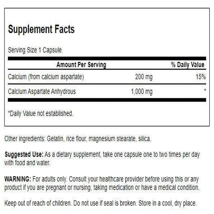 Swanson Calcium Aspartate capsules pour displays easy-to-swallow capsules for daily use