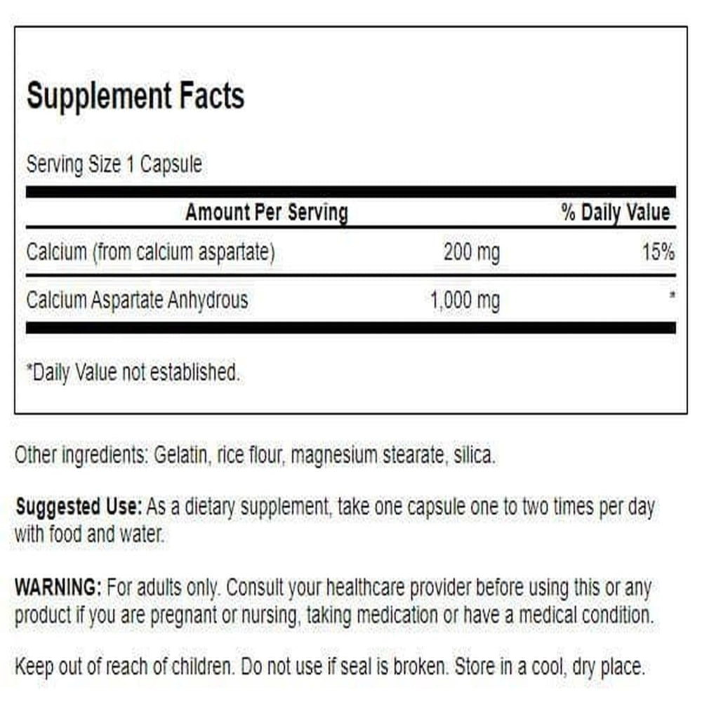 Swanson Calcium Aspartate capsules pour displays easy-to-swallow capsules for daily use
