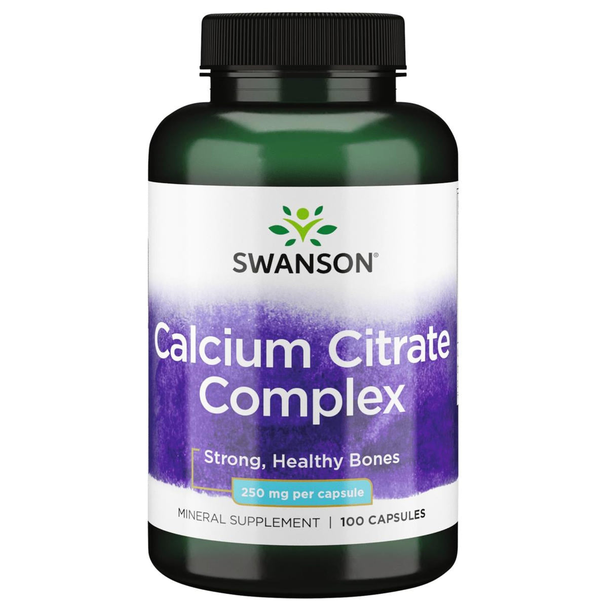 Swanson Calcium Citrate Complex bottle label close-up showing dosage and ingredients.