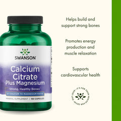 Swanson Calcium Citrate Plus Magnesium ingredients panel illustrates full-spectrum minerals.