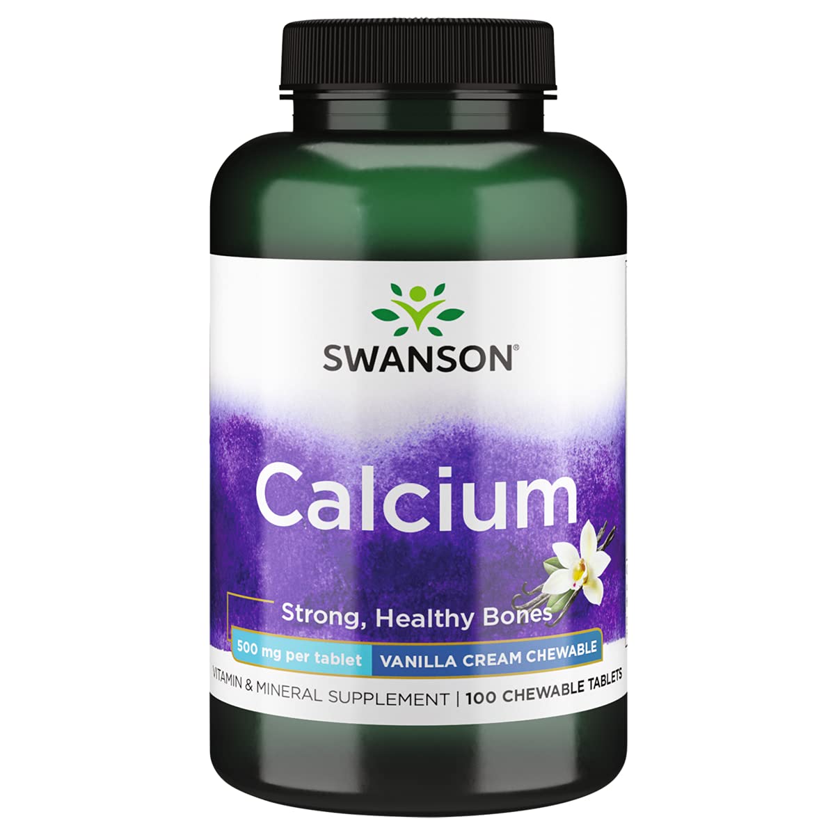 Swanson Calcium-Vanilla Cream 500mg bottle label for bone support and heart-friendly nutrition.