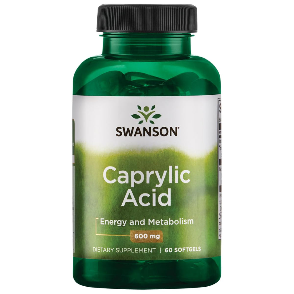Swanson Caprylic Acid 600 mg bottle pouring capsules for convenient daily use.