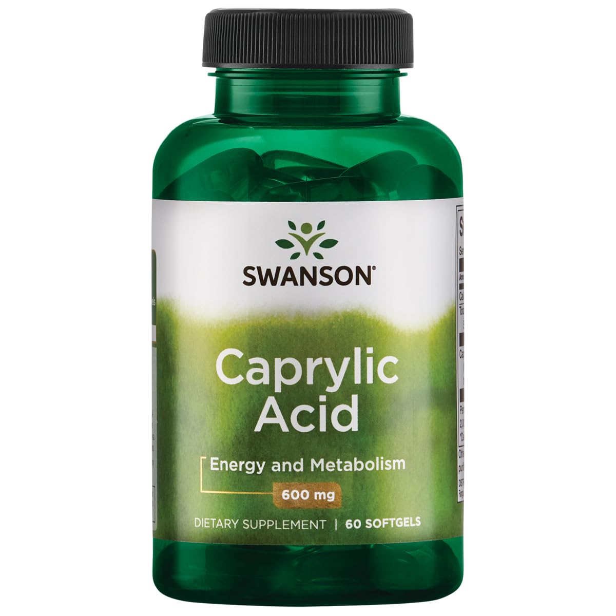 Swanson Caprylic Acid 600 mg bottle pouring capsules for convenient daily use.
