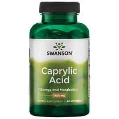 Swanson Caprylic Acid 600 mg bottle pouring capsules for convenient daily use.