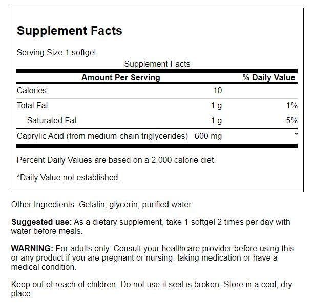 Swanson Caprylic Acid 600 mg capsules close-up showing easy-to-swallow capsules.