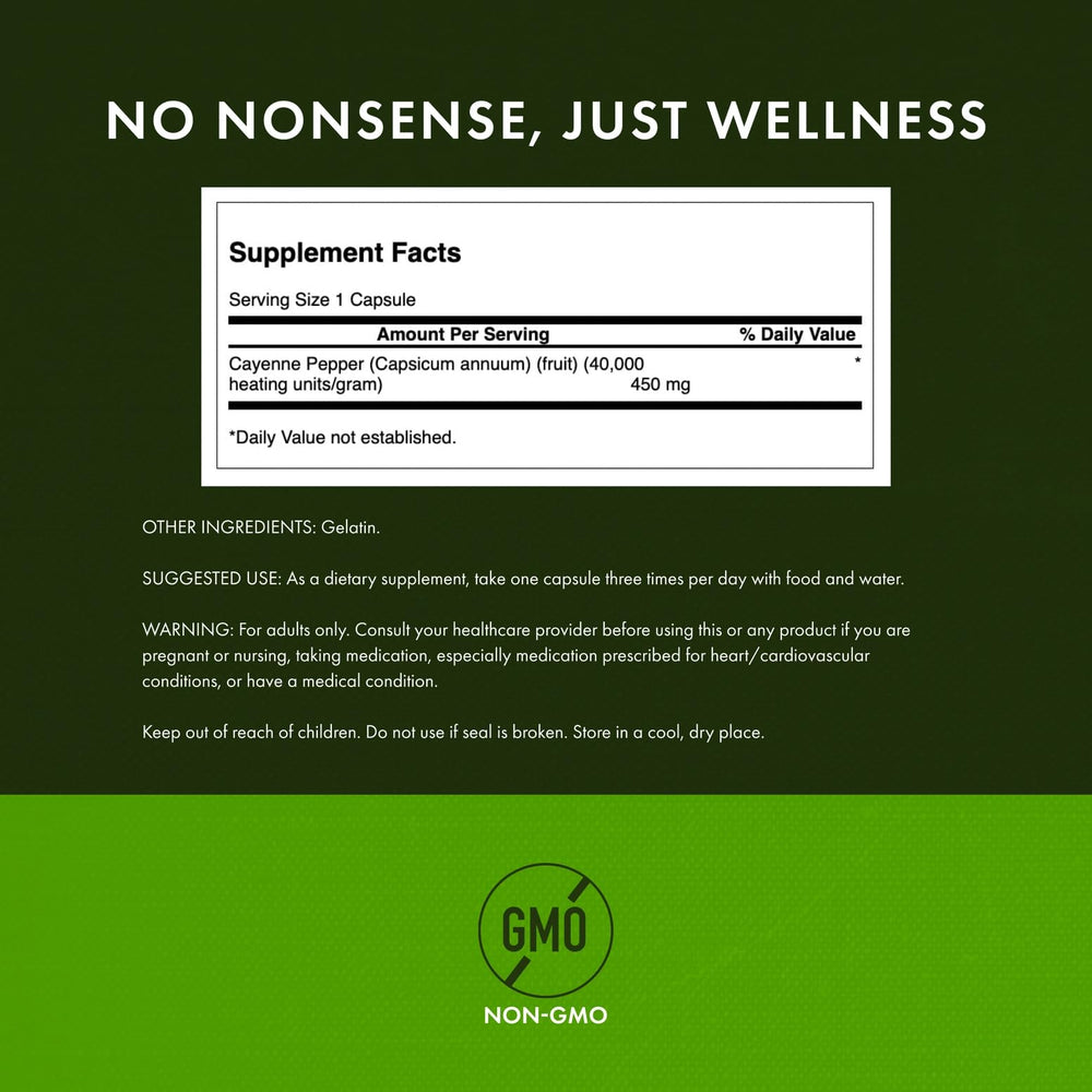 Swanson Cayenne capsule-dose image shows 450 mg capsules with capsaicin content.