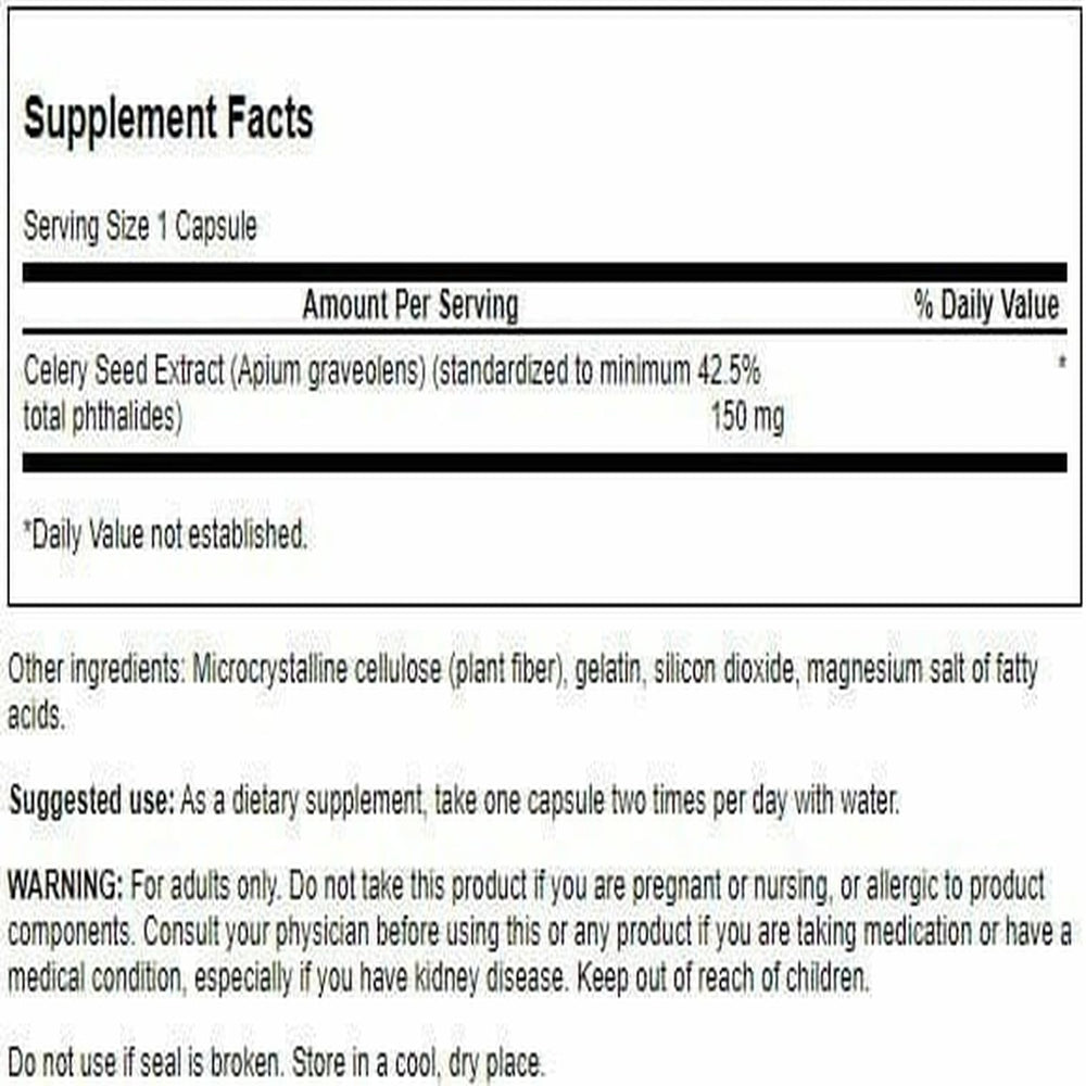 Swanson Celery Seed Extract bottle back label with potency and ingredients details