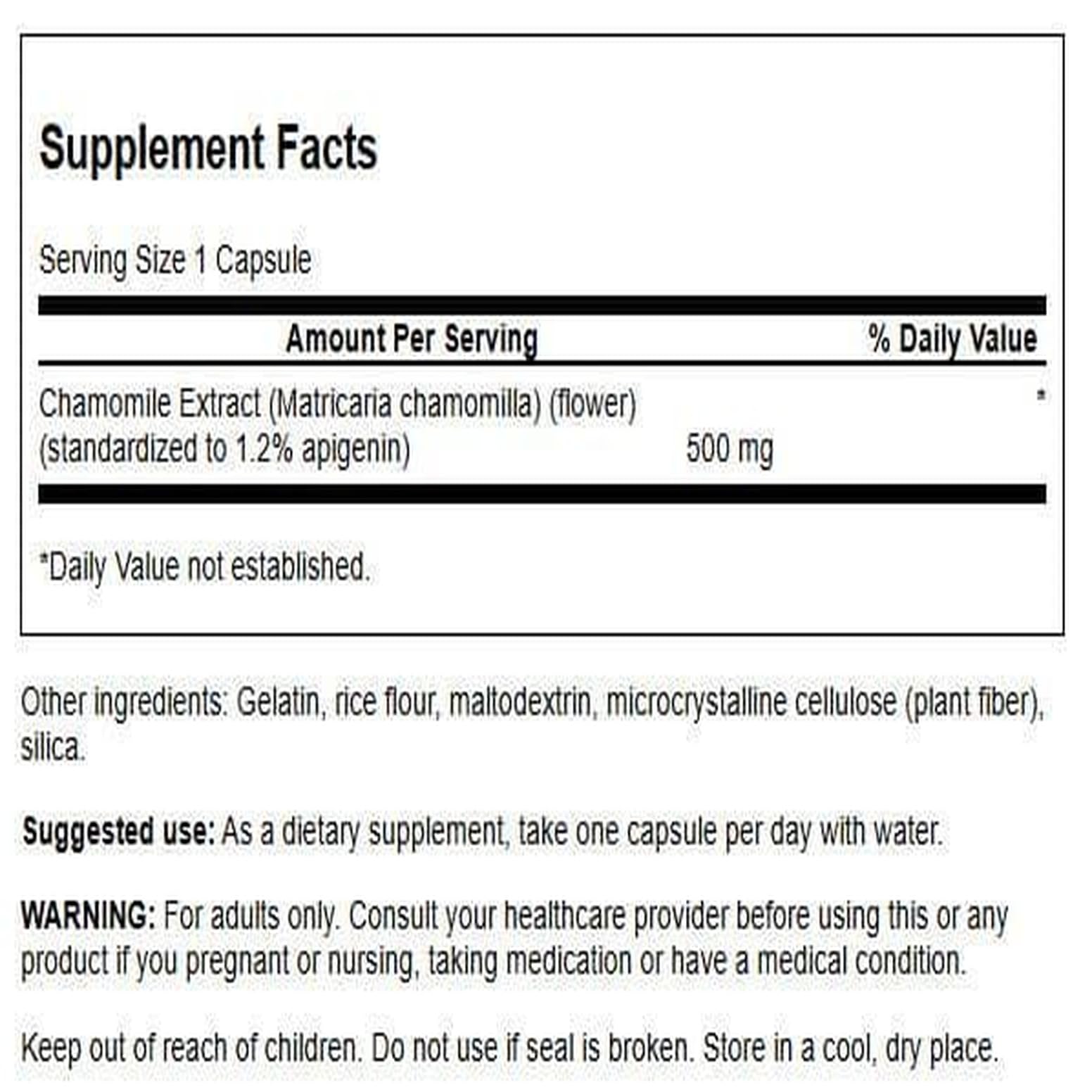Swanson Chamomile bottle cap closeup emphasizes quality and apigenin content