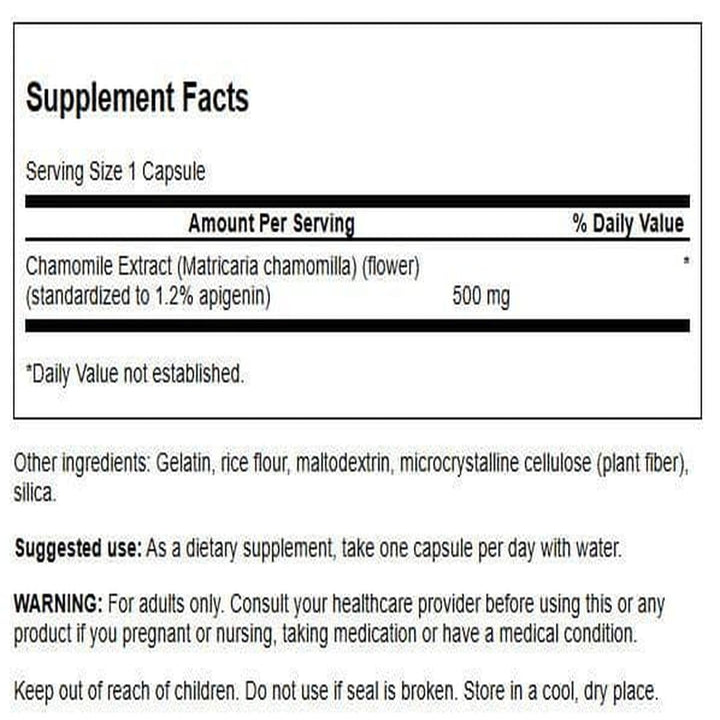 Swanson Chamomile bottle cap closeup emphasizes quality and apigenin content