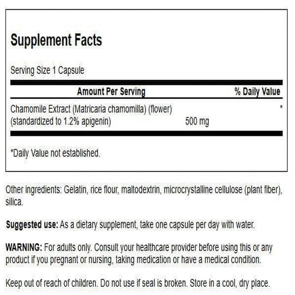 Swanson Chamomile bottle cap closeup emphasizes quality and apigenin content