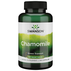 Swanson Chamomile Stress Support capsules in an amber bottle, suggesting calm and relaxation.