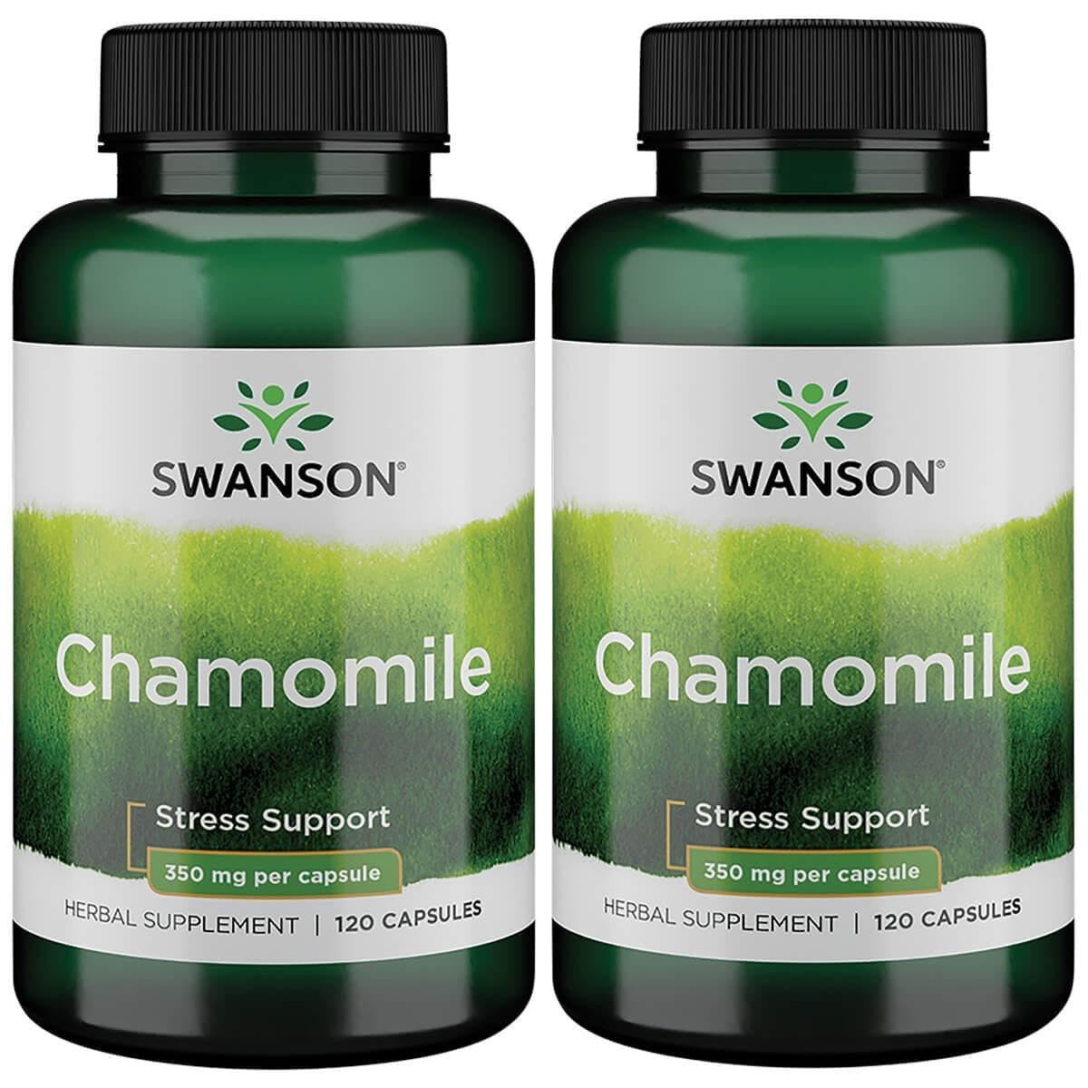 Swanson Chamomile Stress Support bottle front view, 2-pack, promoting calm and relaxation