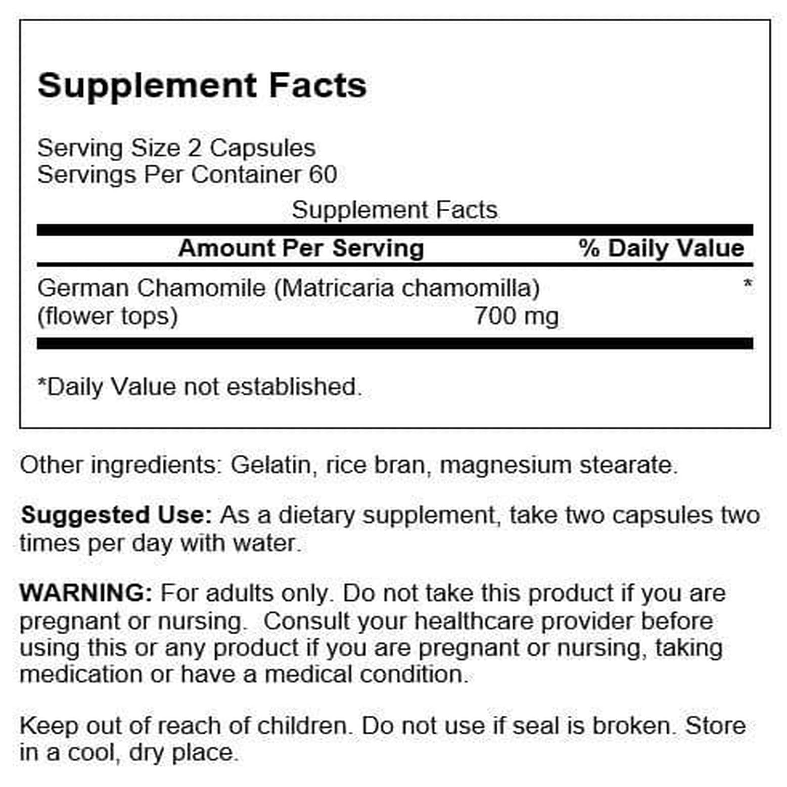 Close-up of Swanson Chamomile Stress Support capsules highlighting German chamomile content.