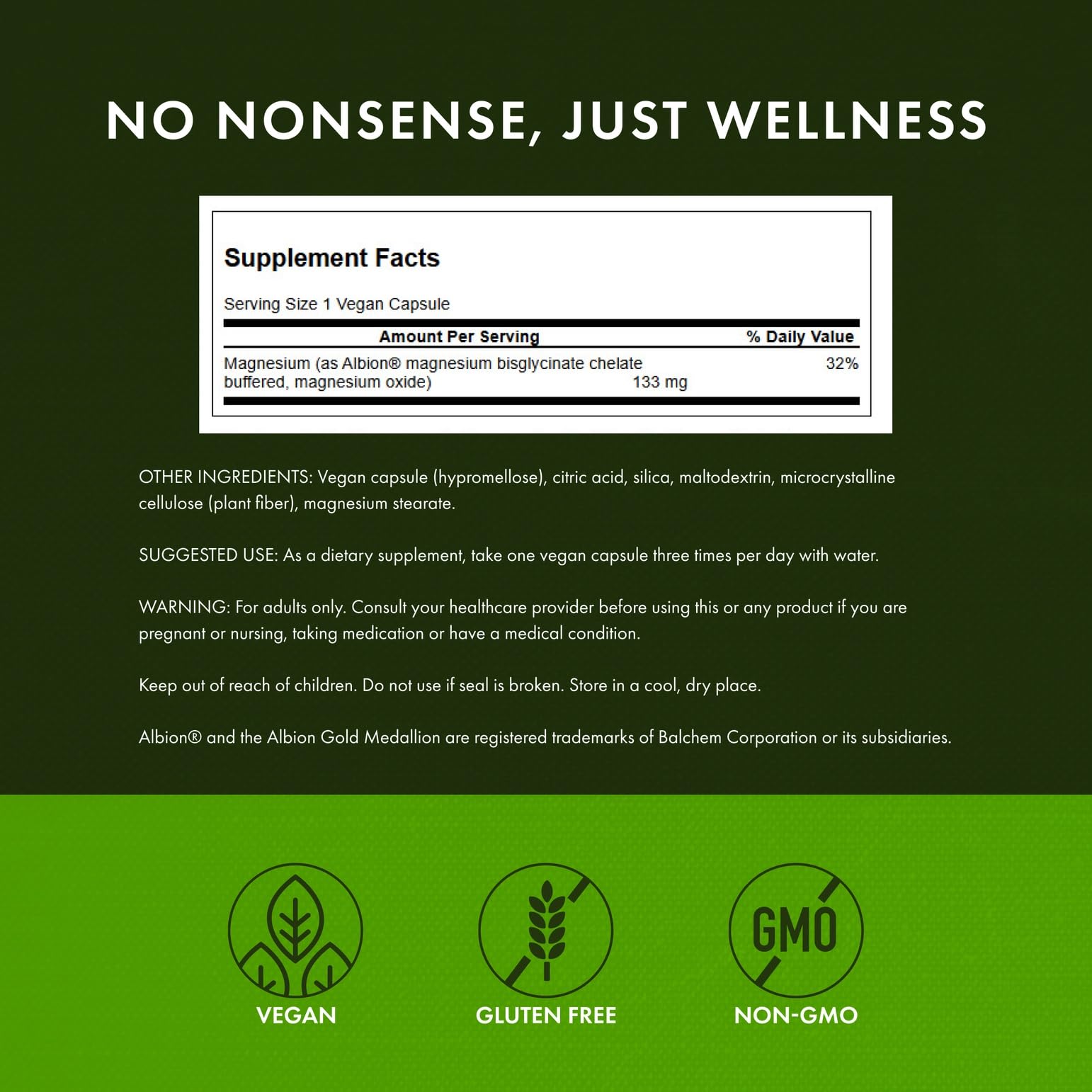 Swanson Chelated Magnesium ingredients panel highlights chelated glycinates for balanced intake