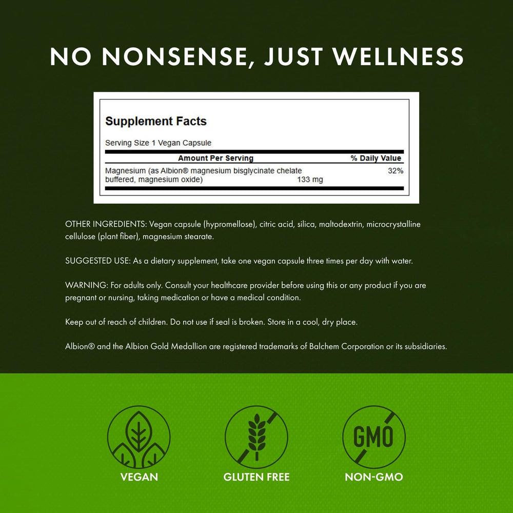 Swanson Chelated Magnesium ingredients panel highlights chelated glycinates for balanced intake