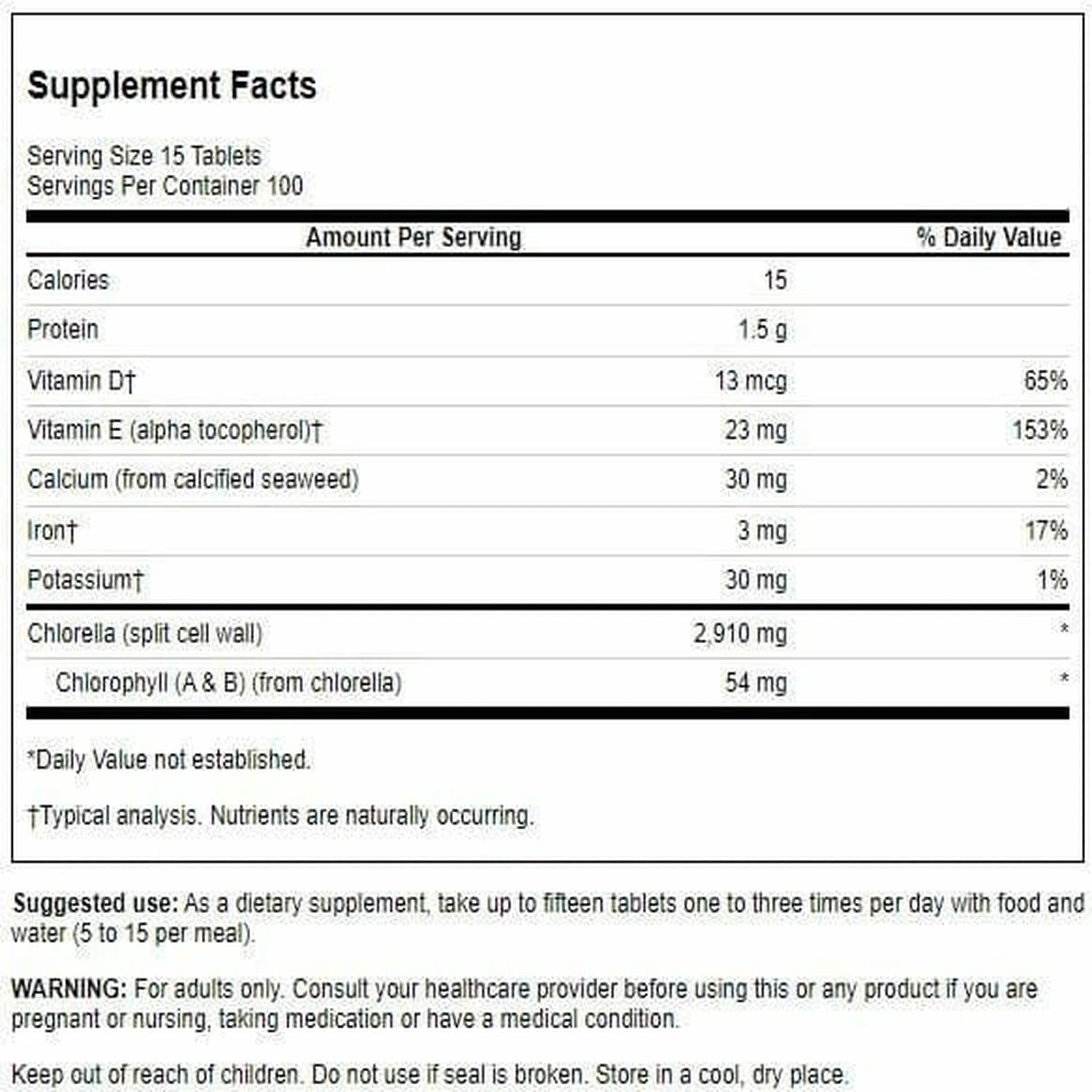 Swanson Chlorella bottle back shows supplement details for informed daily use.