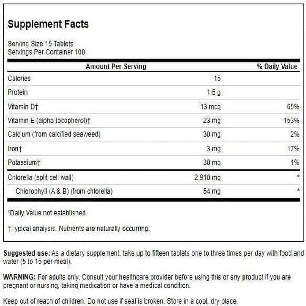 Swanson Chlorella bottle back shows supplement details for informed daily use.