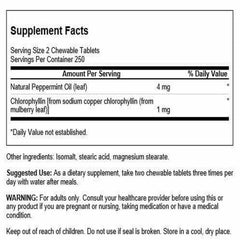 Close-up of Swanson Chlorophyllin & Mint tablets showing vibrant green color for daily vitality