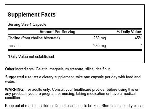 Swanson Choline & Inositol capsules closeup highlighting plant-based full-spectrum formula for cognitive support.
