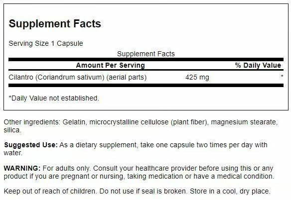 Swanson Cilantro capsules bottle label highlights full spectrum herb formula.
