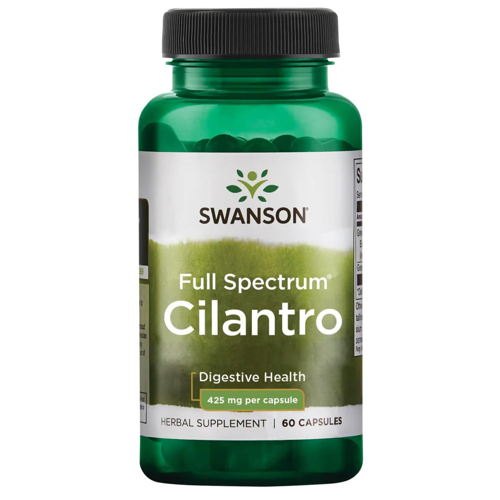 Swanson Cilantro capsules bottle pour for easy dosing and digestive support.