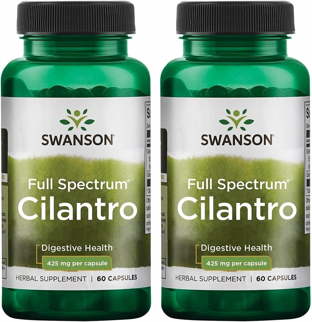 Swanson Cilantro capsules in an amber bottle for convenient daily digestion support.