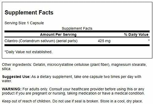Swanson Cilantro label shows 425 mg per capsule and full spectrum herb formula.