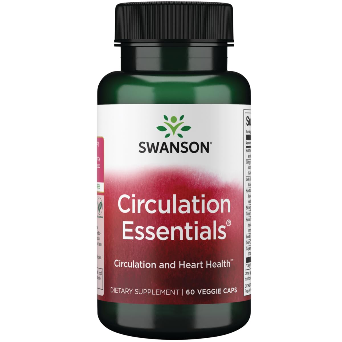 Swanson Circulation Essentials bottle shows 60 vegetarian capsules for everyday wellness