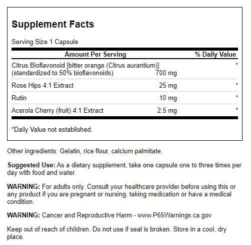 Swanson Citrus Bioflavonoids Complex label highlights 50% bitter orange bioflavonoids.