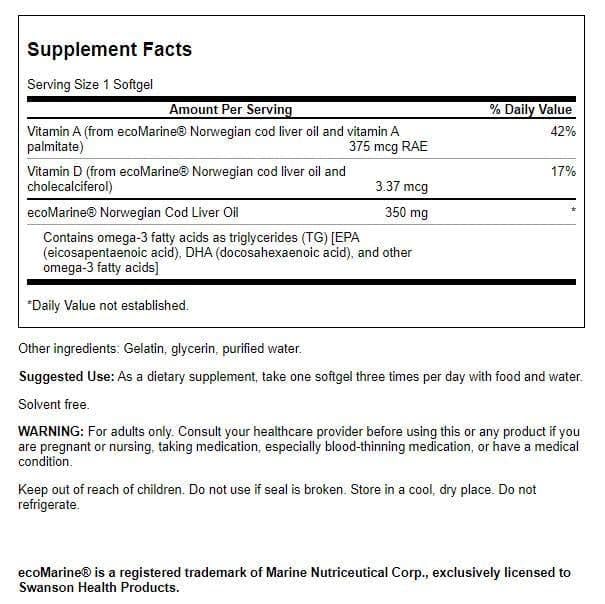 Swanson cod liver oil softgels in a two-pack for convenient daily use