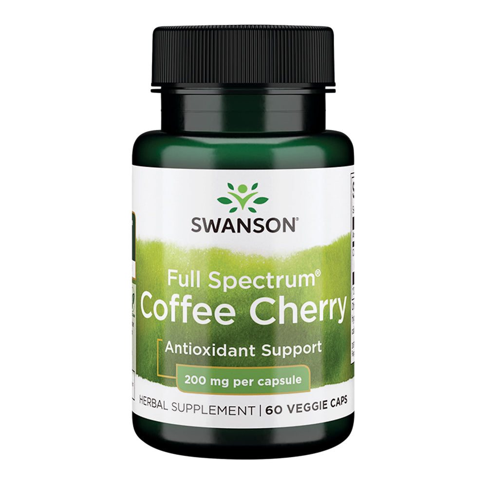 Swanson Coffee Cherry bottle front featuring vegan capsules for natural wellness support.