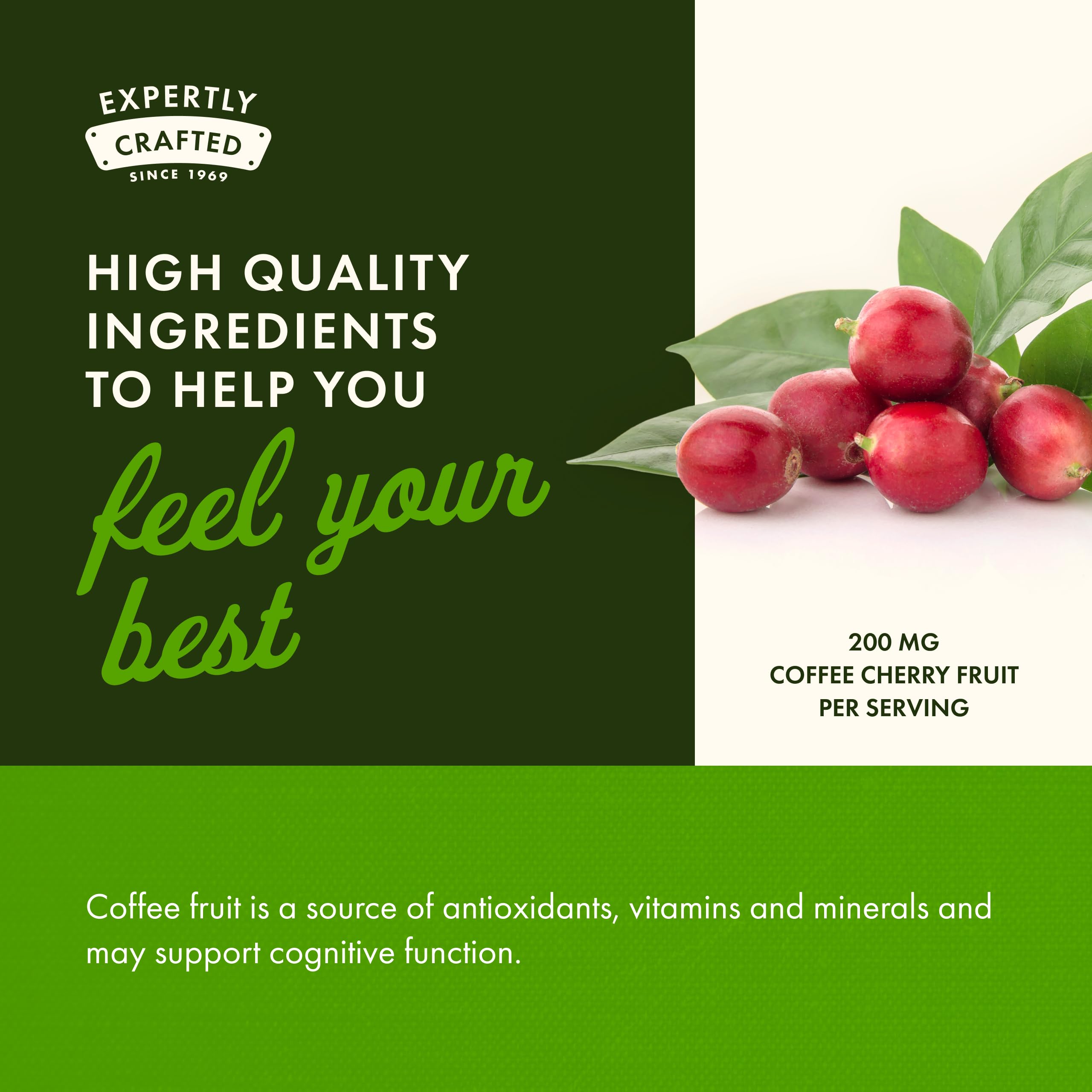 Swanson Coffee Cherry dispensed capsules showing eco-friendly packaging and daily wellness potential.