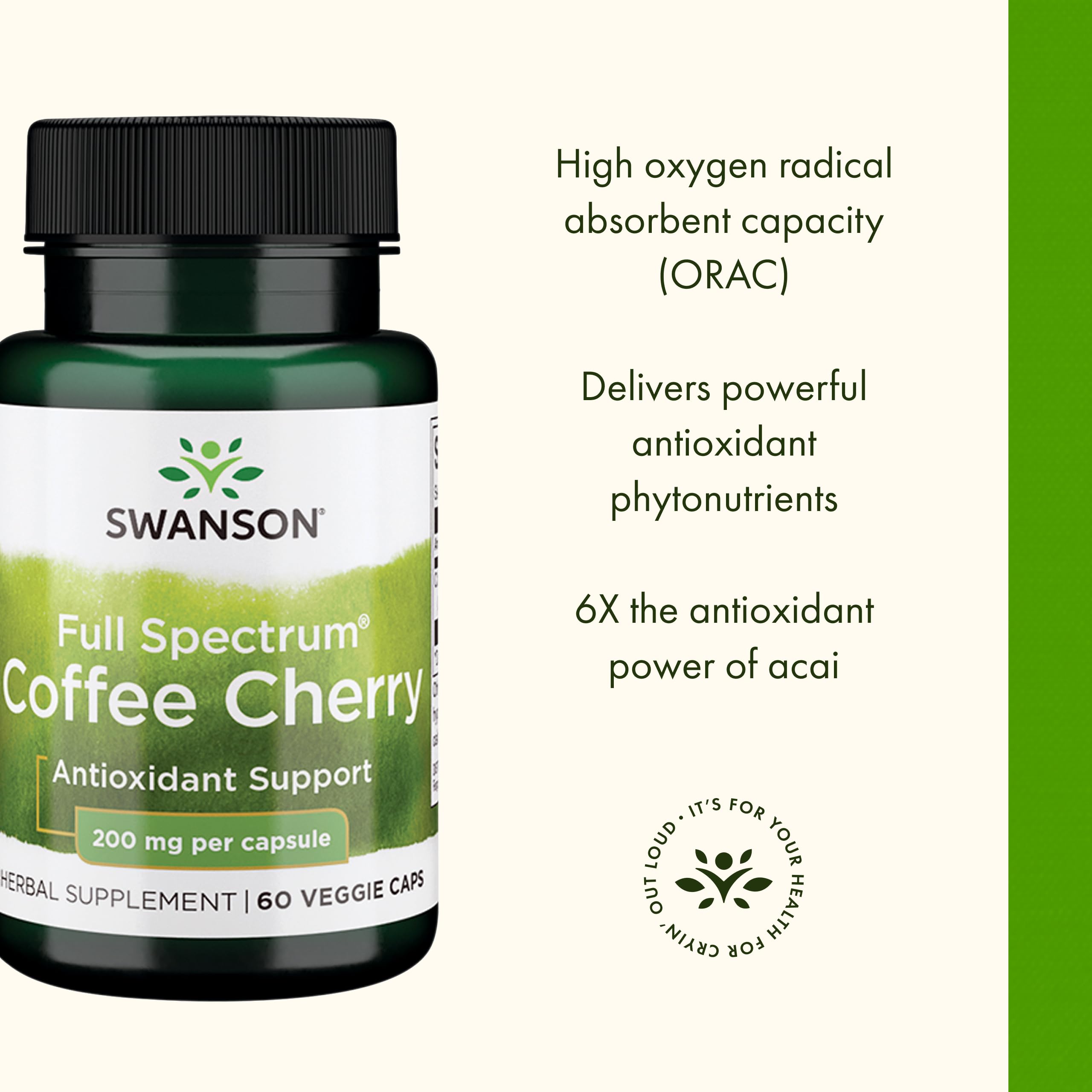 Swanson Coffee Cherry ingredients panel highlights plant-based antioxidants and ORAC value.