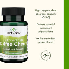 Swanson Coffee Cherry ingredients panel highlights plant-based antioxidants and ORAC value.
