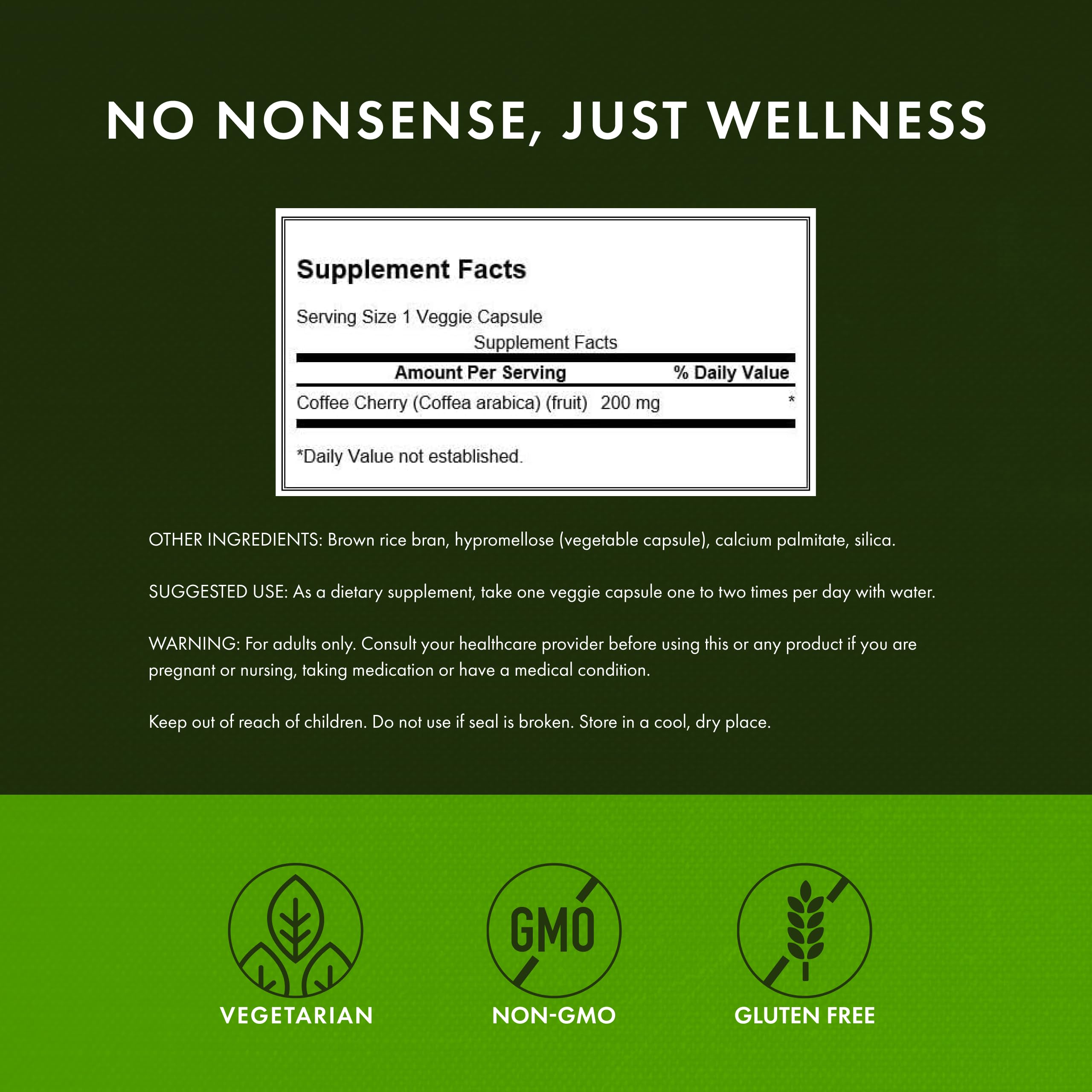 Swanson Coffee Cherry label detail emphasizes 200 mg per serving and vegan ingredients.