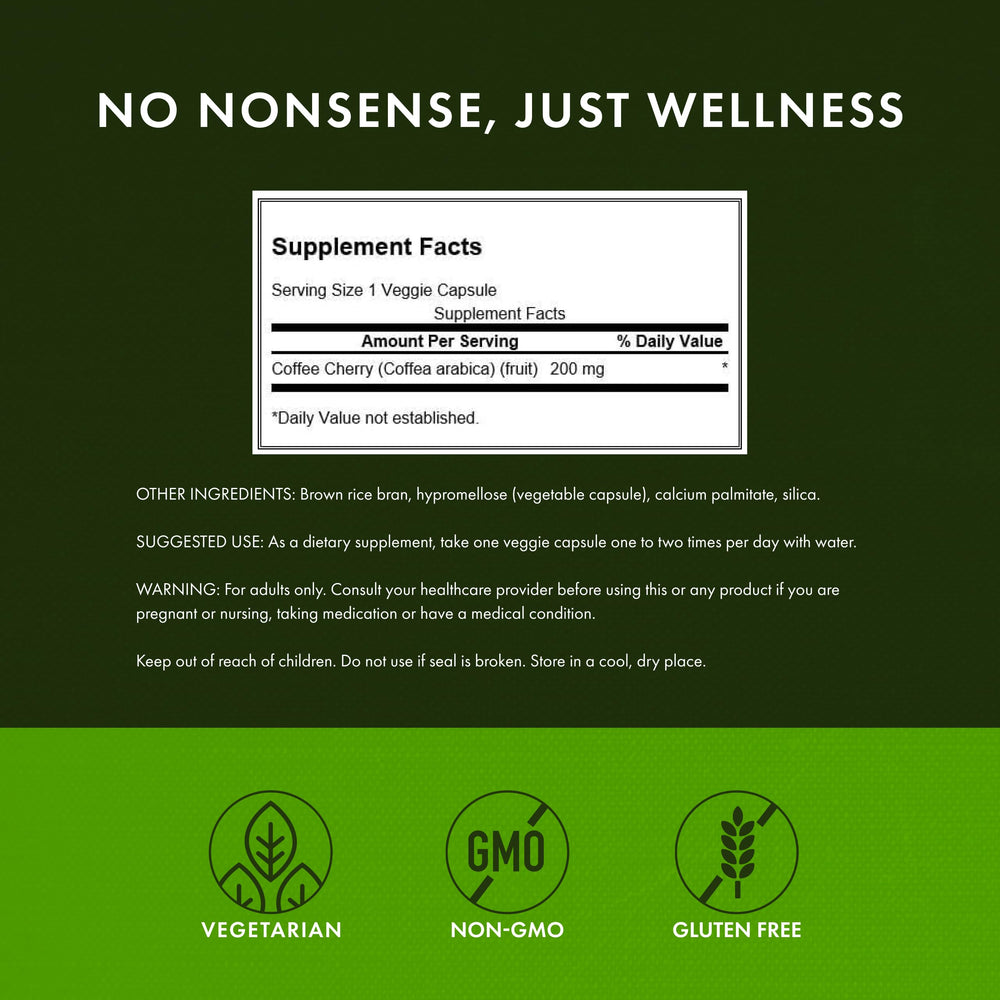 Swanson Coffee Cherry label detail emphasizes 200 mg per serving and vegan ingredients.