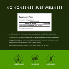 Swanson Coffee Cherry label detail emphasizes 200 mg per serving and vegan ingredients.