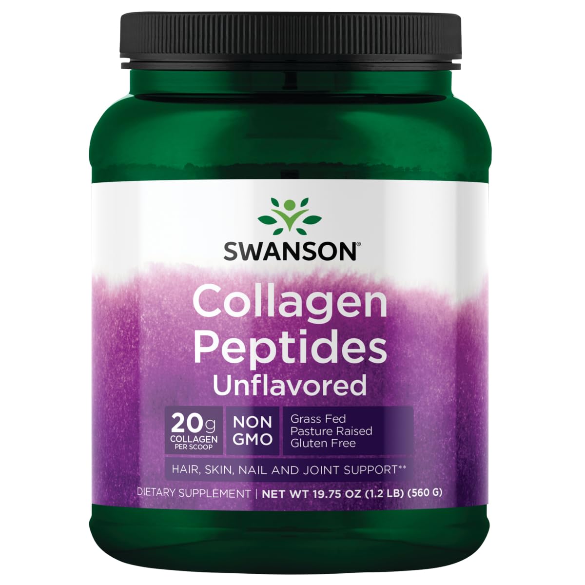 Swanson collagen peptides unflavored bottle highlights hair skin and joint support.