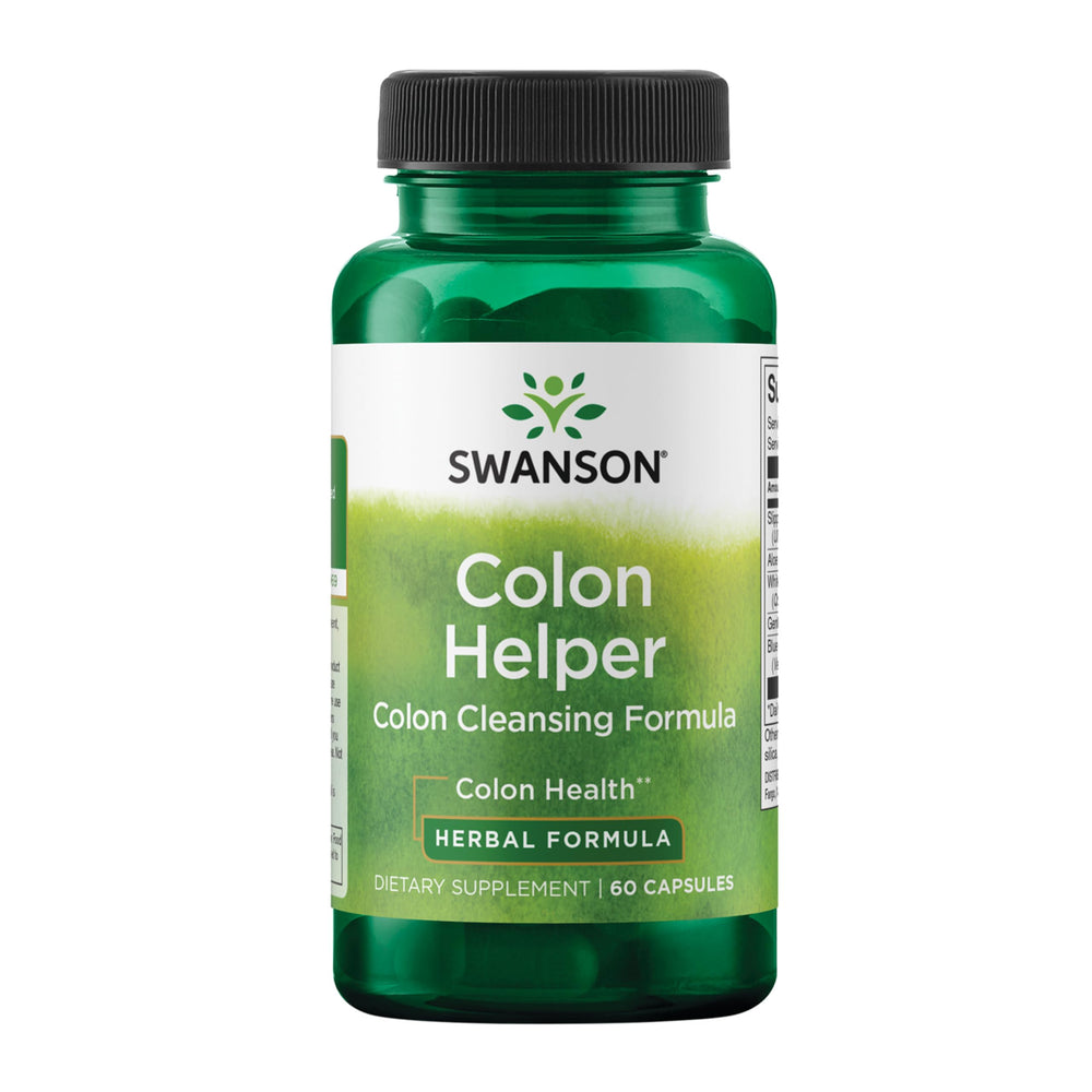 Swanson Colon Helper bottle with label showing digestive support and natural ingredients.