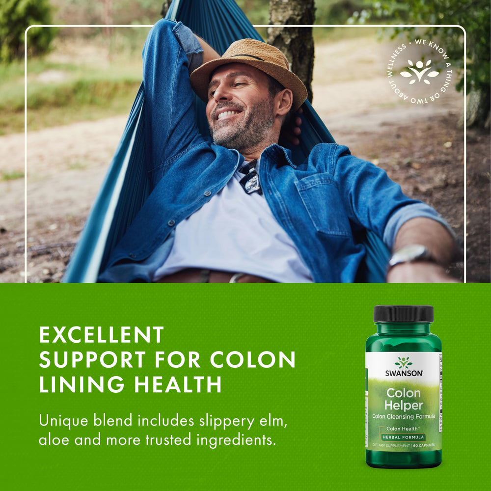 GMP-certified Swanson Colon Helper packaging indicating quality and testing.