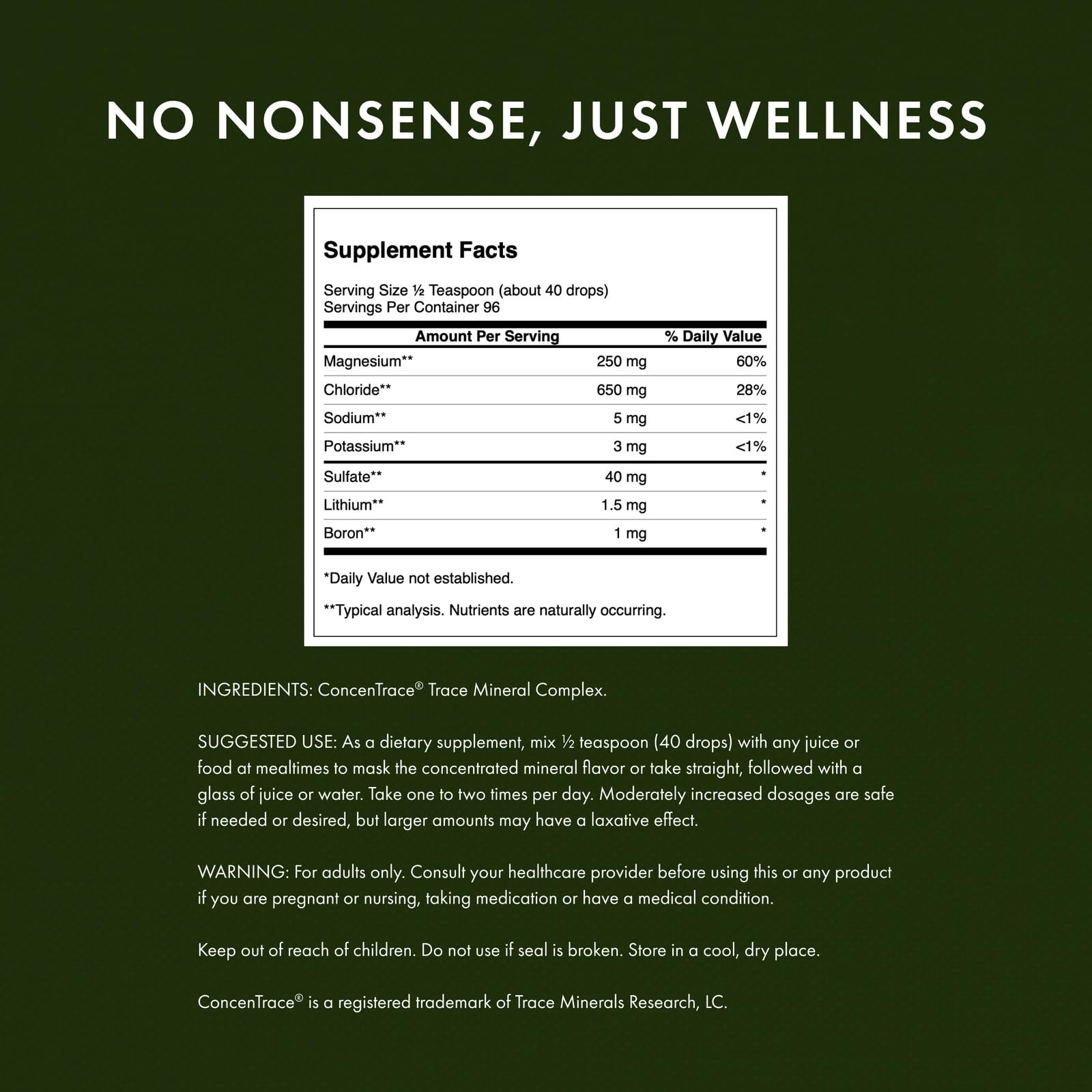 Swanson Concentrace label closeup emphasizing purity and safety certifications